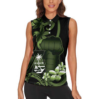 Green Hafa Adai Guam Women Sleeveless Polo Shirt Chamorro Latte Stone Hand With Plumeria LT14 - Polynesian Pride