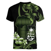 Green Hafa Adai Guam Women V-Neck T-Shirt Chamorro Latte Stone Hand With Plumeria LT14 - Polynesian Pride
