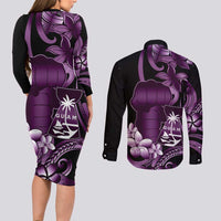 Purple Hafa Adai Guam Couples Matching Long Sleeve Bodycon Dress and Long Sleeve Button Shirt Chamorro Latte Stone Hand With Plumeria LT14 - Polynesian Pride