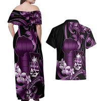 Purple Hafa Adai Guam Couples Matching Off Shoulder Maxi Dress and Hawaiian Shirt Chamorro Latte Stone Hand With Plumeria LT14 - Polynesian Pride