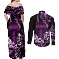 Purple Hafa Adai Guam Couples Matching Off Shoulder Maxi Dress and Long Sleeve Button Shirt Chamorro Latte Stone Hand With Plumeria LT14 - Polynesian Pride