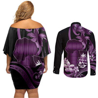Purple Hafa Adai Guam Couples Matching Off Shoulder Short Dress and Long Sleeve Button Shirt Chamorro Latte Stone Hand With Plumeria LT14 - Polynesian Pride