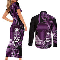 Purple Hafa Adai Guam Couples Matching Short Sleeve Bodycon Dress and Long Sleeve Button Shirt Chamorro Latte Stone Hand With Plumeria LT14 - Polynesian Pride