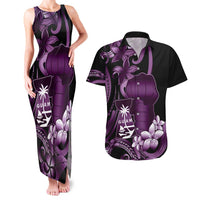 Purple Hafa Adai Guam Couples Matching Tank Maxi Dress and Hawaiian Shirt Chamorro Latte Stone Hand With Plumeria LT14 Purple - Polynesian Pride
