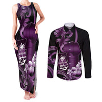 Purple Hafa Adai Guam Couples Matching Tank Maxi Dress and Long Sleeve Button Shirt Chamorro Latte Stone Hand With Plumeria LT14 Purple - Polynesian Pride