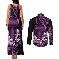 Purple Hafa Adai Guam Couples Matching Tank Maxi Dress and Long Sleeve Button Shirt Chamorro Latte Stone Hand With Plumeria LT14 - Polynesian Pride