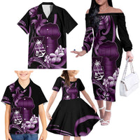Purple Hafa Adai Guam Family Matching Off The Shoulder Long Sleeve Dress and Hawaiian Shirt Chamorro Latte Stone Hand With Plumeria LT14 - Polynesian Pride