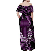 Purple Hafa Adai Guam Family Matching Off Shoulder Maxi Dress and Hawaiian Shirt Chamorro Latte Stone Hand With Plumeria LT14 - Polynesian Pride