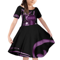 Purple Hafa Adai Guam Family Matching Off Shoulder Short Dress and Hawaiian Shirt Chamorro Latte Stone Hand With Plumeria LT14 Daughter's Dress Purple - Polynesian Pride