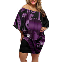 Purple Hafa Adai Guam Family Matching Off Shoulder Short Dress and Hawaiian Shirt Chamorro Latte Stone Hand With Plumeria LT14 Mom's Dress Purple - Polynesian Pride