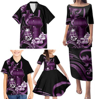 Purple Hafa Adai Guam Family Matching Puletasi and Hawaiian Shirt Chamorro Latte Stone Hand With Plumeria LT14 - Polynesian Pride