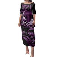 Purple Hafa Adai Guam Family Matching Puletasi and Hawaiian Shirt Chamorro Latte Stone Hand With Plumeria LT14 Mom's Dress Purple - Polynesian Pride