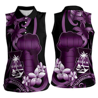 Purple Hafa Adai Guam Women Sleeveless Polo Shirt Chamorro Latte Stone Hand With Plumeria LT14 - Polynesian Pride
