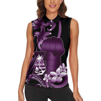 Purple Hafa Adai Guam Women Sleeveless Polo Shirt Chamorro Latte Stone Hand With Plumeria LT14 - Polynesian Pride