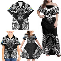 Palau Constitution Day Family Matching Off Shoulder Maxi Dress and Hawaiian Shirt Belau Seal With Polynesian Pattern - Black LT14 - Polynesian Pride