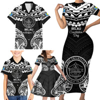 Palau Constitution Day Family Matching Short Sleeve Bodycon Dress and Hawaiian Shirt Belau Seal With Polynesian Pattern - Black LT14 - Polynesian Pride