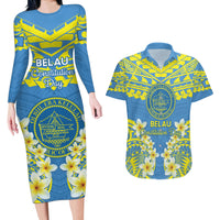 Palau Constitution Day Couples Matching Long Sleeve Bodycon Dress and Hawaiian Shirt Belau Seal With Frangipani Polynesian Pattern - Blue LT14 Blue - Polynesian Pride