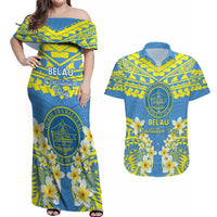 Palau Constitution Day Couples Matching Off Shoulder Maxi Dress and Hawaiian Shirt Belau Seal With Frangipani Polynesian Pattern - Blue LT14 Blue - Polynesian Pride