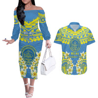 Palau Constitution Day Couples Matching Off The Shoulder Long Sleeve Dress and Hawaiian Shirt Belau Seal With Frangipani Polynesian Pattern - Blue LT14 Blue - Polynesian Pride
