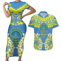 Palau Constitution Day Couples Matching Short Sleeve Bodycon Dress and Hawaiian Shirt Belau Seal With Frangipani Polynesian Pattern - Blue LT14 Blue - Polynesian Pride