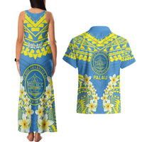 Palau Constitution Day Couples Matching Tank Maxi Dress and Hawaiian Shirt Belau Seal With Frangipani Polynesian Pattern - Blue LT14 - Polynesian Pride