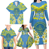 Palau Constitution Day Family Matching Long Sleeve Bodycon Dress and Hawaiian Shirt Belau Seal With Frangipani Polynesian Pattern - Blue LT14 - Polynesian Pride