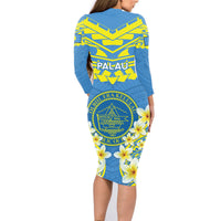 Palau Constitution Day Family Matching Long Sleeve Bodycon Dress and Hawaiian Shirt Belau Seal With Frangipani Polynesian Pattern - Blue LT14 - Polynesian Pride