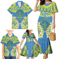 Palau Constitution Day Family Matching Mermaid Dress and Hawaiian Shirt Belau Seal With Frangipani Polynesian Pattern - Blue LT14 - Polynesian Pride