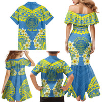 Palau Constitution Day Family Matching Mermaid Dress and Hawaiian Shirt Belau Seal With Frangipani Polynesian Pattern - Blue LT14 - Polynesian Pride