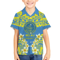 Palau Constitution Day Family Matching Short Sleeve Bodycon Dress and Hawaiian Shirt Belau Seal With Frangipani Polynesian Pattern - Blue LT14 Son's Shirt Blue - Polynesian Pride