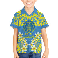 Palau Constitution Day Family Matching Summer Maxi Dress and Hawaiian Shirt Belau Seal With Frangipani Polynesian Pattern - Blue LT14 Son's Shirt Blue - Polynesian Pride