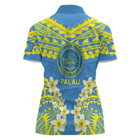 Palau Constitution Day Women Polo Shirt Belau Seal With Frangipani Polynesian Pattern - Blue