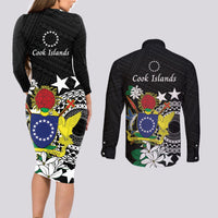 Cook Islands Independence Day Couples Matching Long Sleeve Bodycon Dress and Long Sleeve Button Shirt Kuki Airani Tiare Maori Polynesian Pattern - Black LT14 - Polynesian Pride