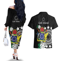 Cook Islands Independence Day Couples Matching Off The Shoulder Long Sleeve Dress and Hawaiian Shirt Kuki Airani Tiare Maori Polynesian Pattern - Black LT14 - Polynesian Pride