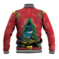 New Zealand Christmas In July Baseball Jacket Kowhai Tui Bird With Pohutukawa - Red LT14 - Polynesian Pride