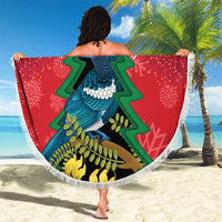 New Zealand Christmas In July Beach Blanket Kowhai Tui Bird With Pohutukawa - Red LT14 - Polynesian Pride