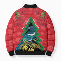 New Zealand Christmas In July Bomber Puffer Jacket Kowhai Tui Bird With Pohutukawa - Red LT14 - Polynesian Pride