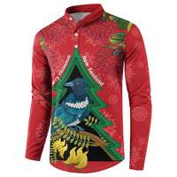 New Zealand Christmas In July Button Sweatshirt Kowhai Tui Bird With Pohutukawa - Red LT14 - Polynesian Pride