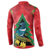 New Zealand Christmas In July Button Sweatshirt Kowhai Tui Bird With Pohutukawa - Red LT14 - Polynesian Pride