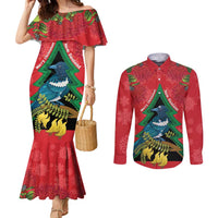 New Zealand Christmas In July Couples Matching Mermaid Dress and Long Sleeve Button Shirt Kowhai Tui Bird With Pohutukawa - Red LT14 Red - Polynesian Pride