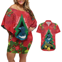 New Zealand Christmas In July Couples Matching Off Shoulder Short Dress and Hawaiian Shirt Kowhai Tui Bird With Pohutukawa - Red LT14 Red - Polynesian Pride