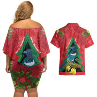New Zealand Christmas In July Couples Matching Off Shoulder Short Dress and Hawaiian Shirt Kowhai Tui Bird With Pohutukawa - Red LT14 - Polynesian Pride