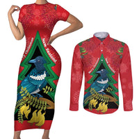 New Zealand Christmas In July Couples Matching Short Sleeve Bodycon Dress and Long Sleeve Button Shirt Kowhai Tui Bird With Pohutukawa - Red LT14 Red - Polynesian Pride