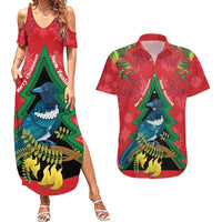 New Zealand Christmas In July Couples Matching Summer Maxi Dress and Hawaiian Shirt Kowhai Tui Bird With Pohutukawa - Red LT14 Red - Polynesian Pride