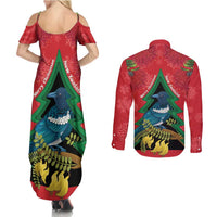 New Zealand Christmas In July Couples Matching Summer Maxi Dress and Long Sleeve Button Shirt Kowhai Tui Bird With Pohutukawa - Red LT14 - Polynesian Pride