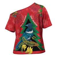 New Zealand Christmas In July Cross Shoulder Shirt Kowhai Tui Bird With Pohutukawa - Red LT14 - Polynesian Pride