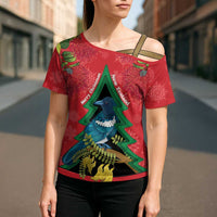 New Zealand Christmas In July Cross Shoulder Shirt Kowhai Tui Bird With Pohutukawa - Red LT14 - Polynesian Pride