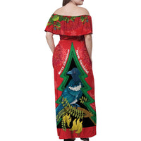 New Zealand Christmas In July Family Matching Off Shoulder Maxi Dress and Hawaiian Shirt Kowhai Tui Bird With Pohutukawa - Red LT14 - Polynesian Pride