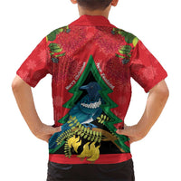 New Zealand Christmas In July Family Matching Short Sleeve Bodycon Dress and Hawaiian Shirt Kowhai Tui Bird With Pohutukawa - Red LT14 - Polynesian Pride