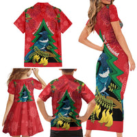 New Zealand Christmas In July Family Matching Short Sleeve Bodycon Dress and Hawaiian Shirt Kowhai Tui Bird With Pohutukawa - Red LT14 - Polynesian Pride